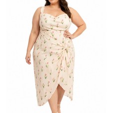 CIDER Tulip Floral Midi Dress Womens 4XL Cream Pink Twist Front Cottagecore NWT
