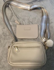 Pom Pom London STONE City Leather  bag w/3 PPL Straps& Original Coin Purse