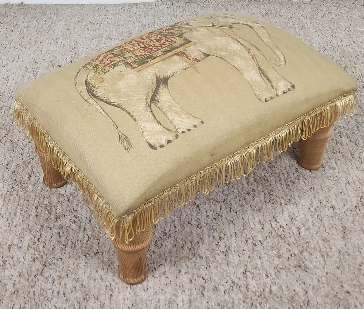 Elephant print tassel edge footstool footrest on pine legs