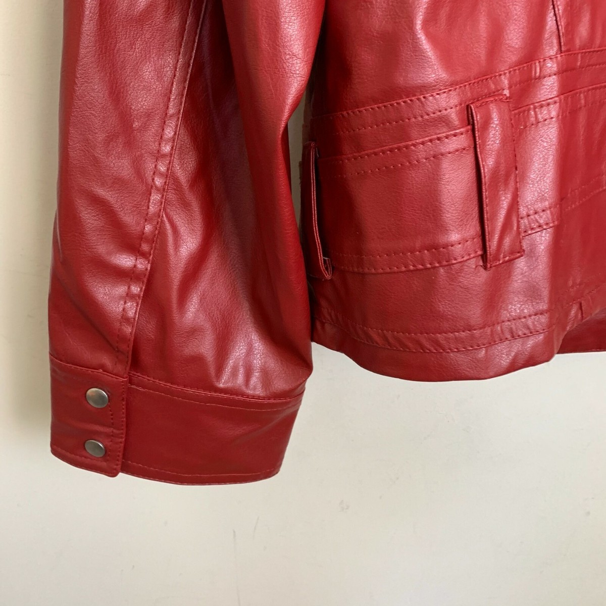 CATO Woman Moto Jacket Red Faux Leather Collared Zip Pockets Lined