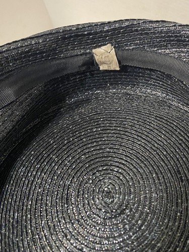 50s Womens Hat Black Straw White Braided Band Church Party Wedding Vtg - Picture 12 of 16