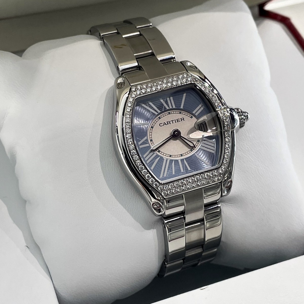CARTIER ROADSTER LADIES BLUE ROMAN DIAMOND BEZEL STAINLESS ref