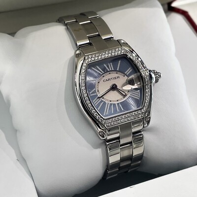CARTIER ROADSTER LADIES BLUE ROMAN DIAMOND BEZEL STAINLESS ref