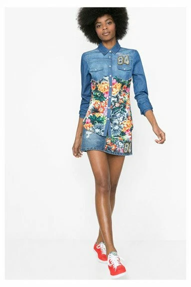 PROMOTION SUPERBE CHEMISE DESIGUAL EN JEAN ET FLEURS FEMME