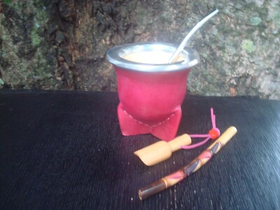 Mate Gourd Lined in Leather Mate Camionero (2) Straw Red 4 X 3 1/2