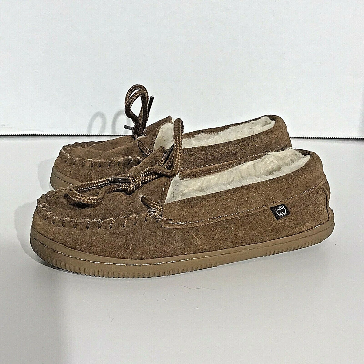 Lam Kids Moccasins Slippers Brown Suede Sherpa Lined Youth Size