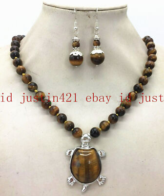 Beautiful 10mm African Roar Tiger's Eye Turtle Gems Pendant Necklace Earring 18''
