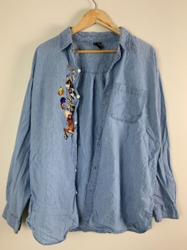 Vintage 90s Looney Tunes Warner Bros Denim Shirt XL Bugs Bunny Taz Tweety Unisex - Picture 11 of 11