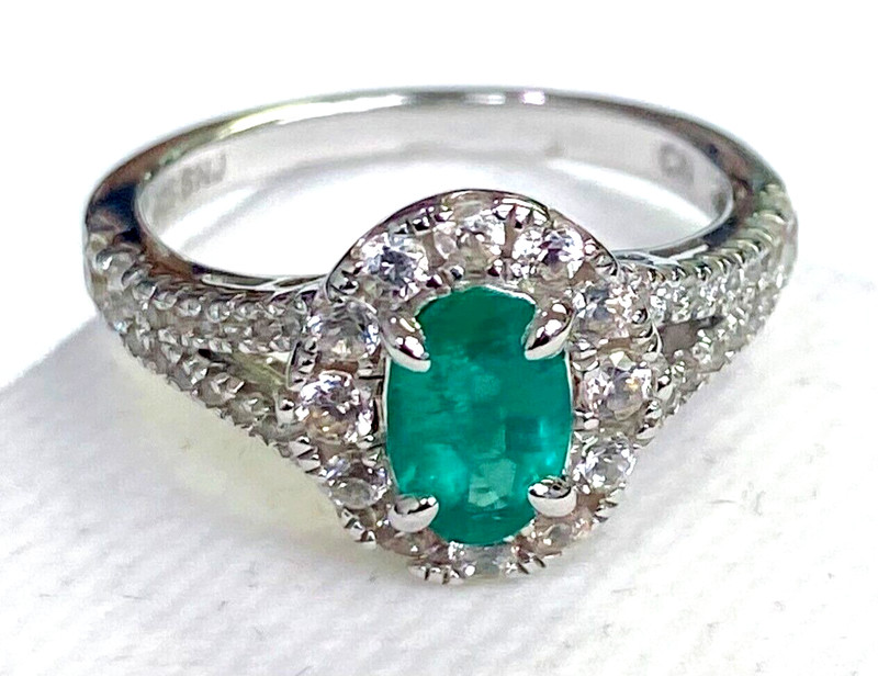 HSN Rarities Sterling Silver Emerald & White Zircon Halo Ring Size 6