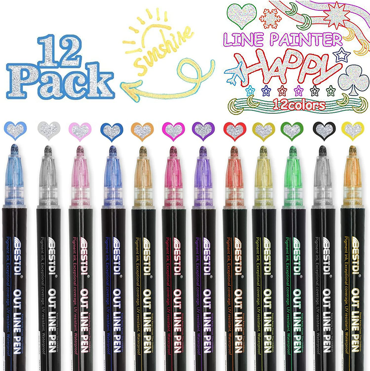 12 Pcs Doodle Dazzles Shimmer Marker Set Double Line Outline Pen