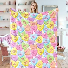 JarThenaAMCS Valentine's Day Fuzzy Blanket Conversation Candy Heart Throw Bla...