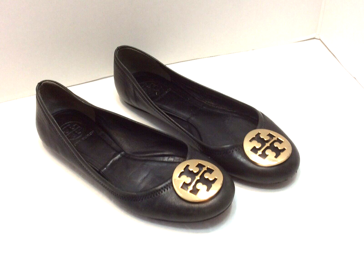 TORY BURCH Black Leather Front Logo Flat Shoes Size US