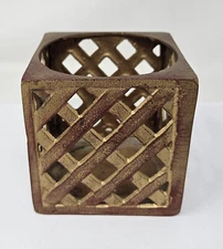 Rustic Distressed Lattice Design Metal Brass Box 3" Candle Holder Korea 1994