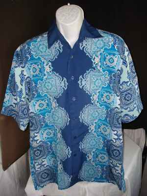 Vintage Prestige PD Bowler Blue Geo Design 100% Poly S/S Button Up Shirt Sz. L