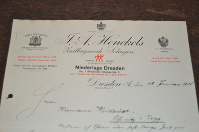 Firmenschreiben 1915 J. A. Henckels Zwillingswerk Solingen Niederlage Dresden