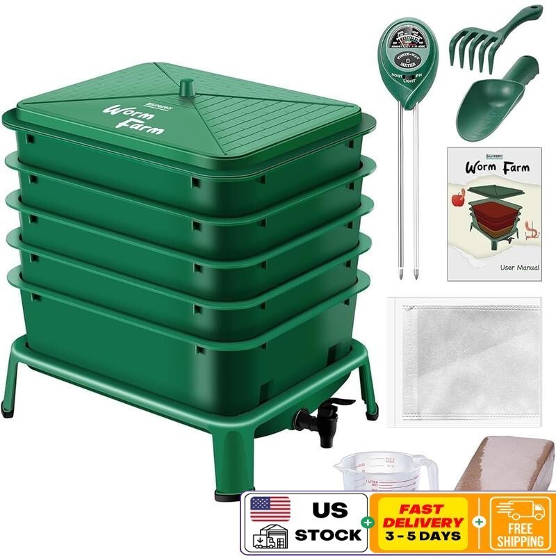 5 Tray PP Worm Compost Bin Indoor Outdoor Vermicomposting Kit W/ Accessories New