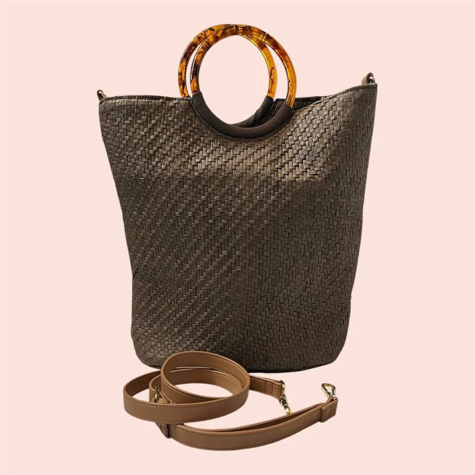 Banana Republic Straw Bag with Tortoise Handles and Adjustable Removable Strap - Image 4 of 4