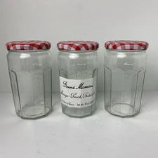3 Empty Bonne Maman 36 oz Glass Jam Jelly Jar Lot w/ Red White Check Screw Lids