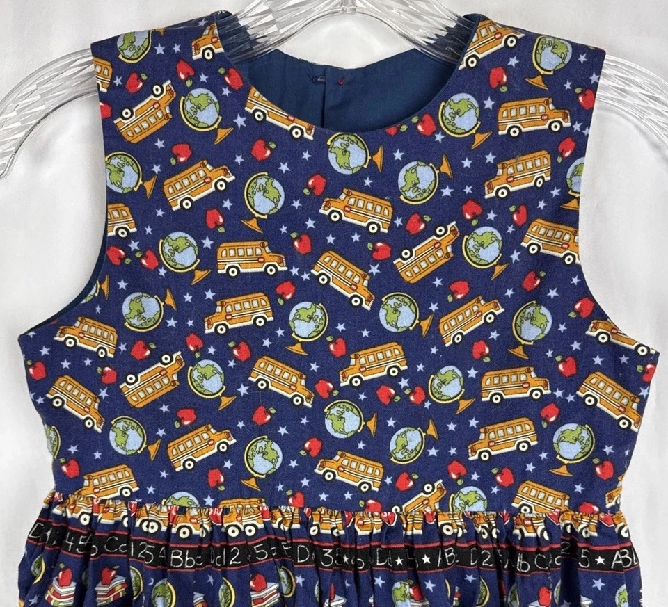 School Themed Handmade Jumper Dress Bus Globe Apples Books Navy Girl’s Size 10 - Image 2 of 4