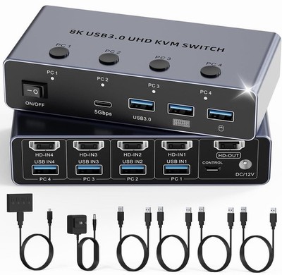 8K @ 60Hz HDMI 2.1 KVM Switch 4 Computers 1 Monitor 4 Port USB 3.0 New