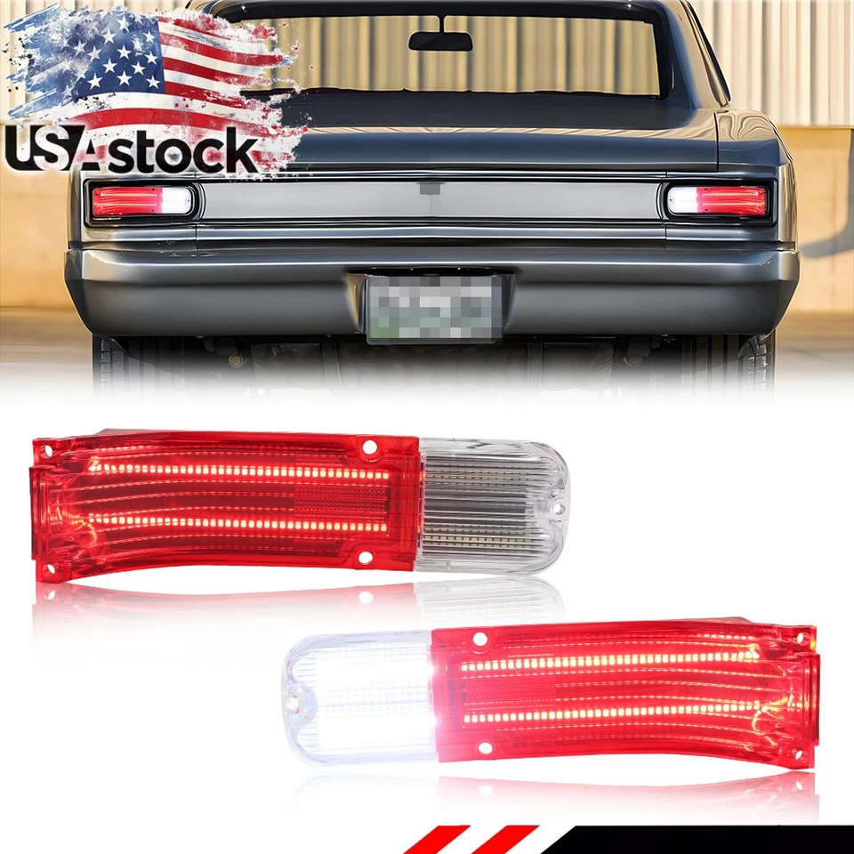 Set Red LED Tail Backup Light & White Backup Lamp Lenses For 1966 Chevy Chevelle - Image 1 of 4