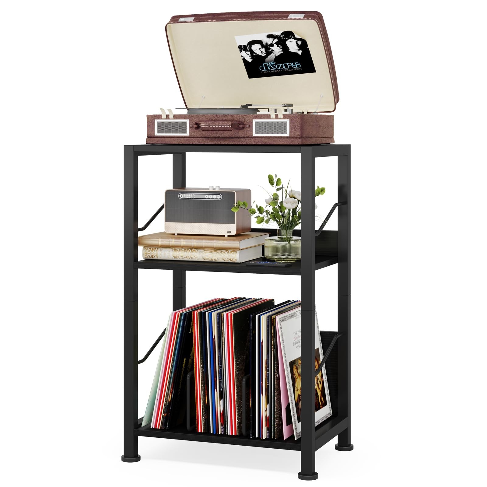 3 Tier Retro Vinyl Record Player Stand with Storage End Table