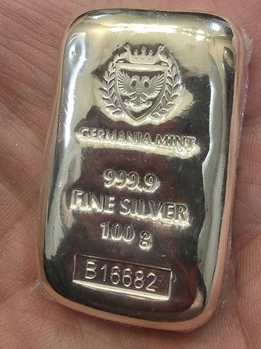 Germania Mint 100 Gram Ag 999.9 Silver Cast Bar Sealed in plastic, with box