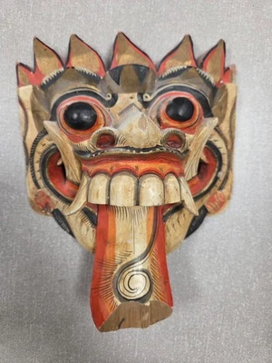 Hand Carved Balinese Barong Rangda Wooden Wall Mask Hand Painted 20cm Vintage - Image 1 of 4