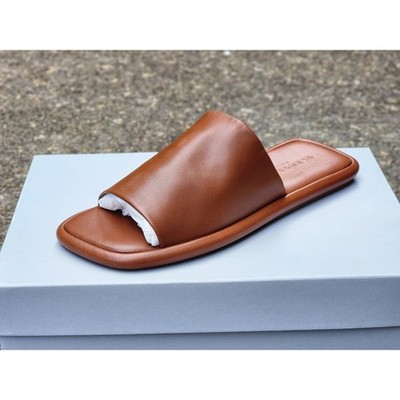 CLERGERIE PARIS Ezy Cognac Leather Flat Slide Sandals Square Toe Size 37 NEW