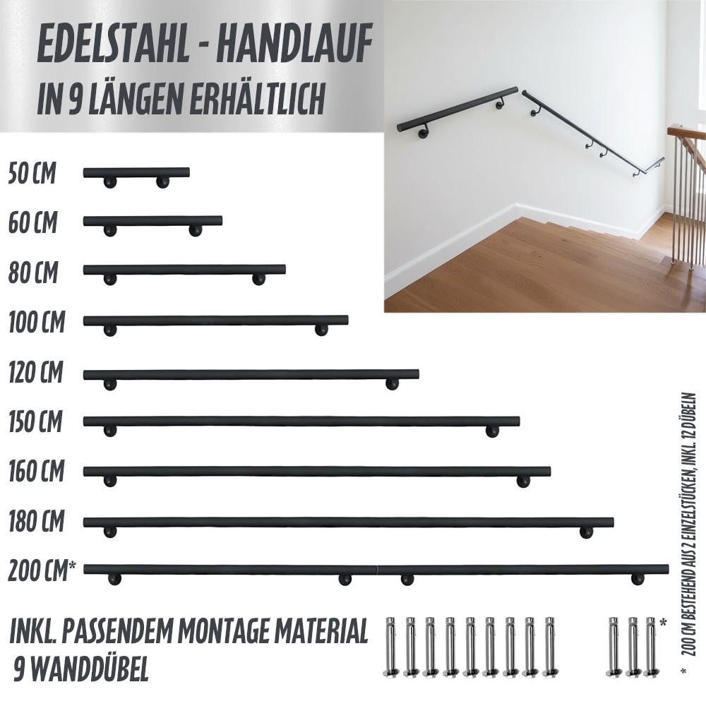 Acero Inoxidable Barandilla Baranda Escalera Montaje Pared 3 Colores 50-200 cm