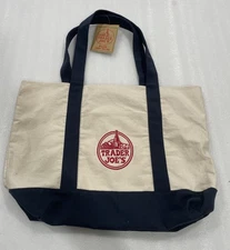 1- BRAND NEW Trader Joe's Reusable Canvas Eco Tote Bag Heavy Duty Bag White/Blue
