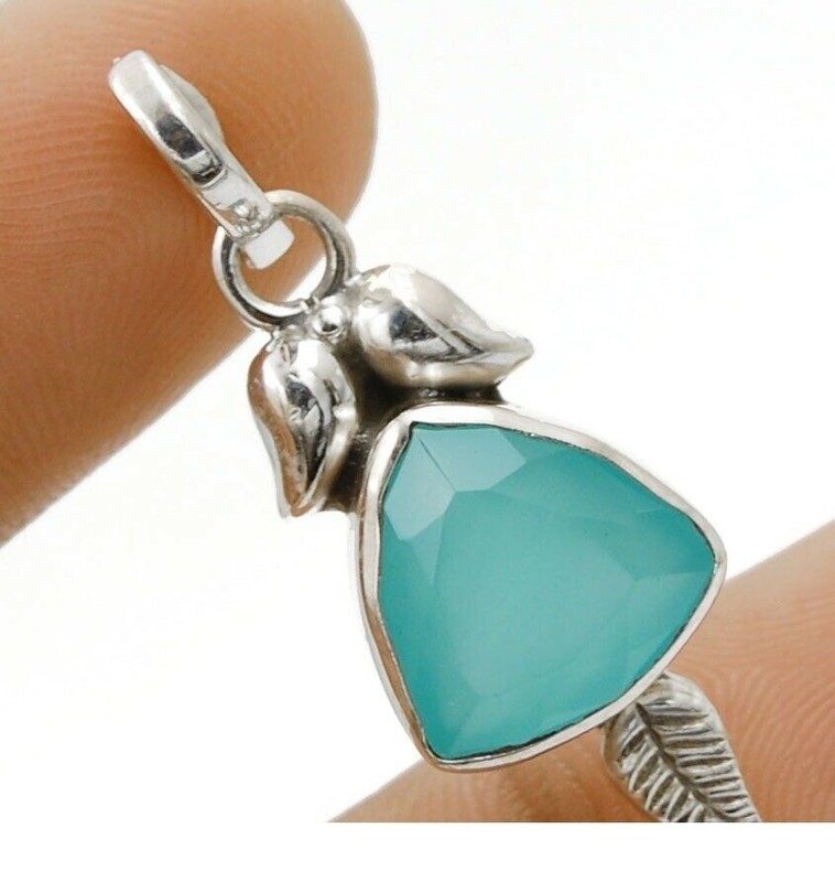 Leaf Natural Aquamarine Chalcedony 925 Sterling Silver Pendant @21-3