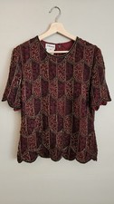 Vintage Stenay Womens Large 100 Silk Beaded Top Burgundy Gold Scalloped ArtDeco