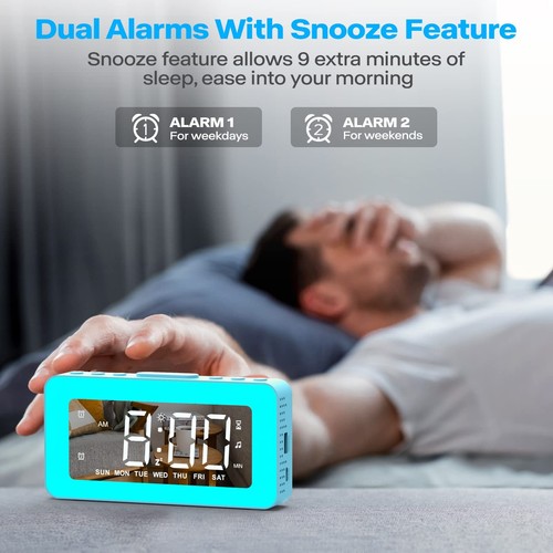 RGB Night Light Alarm Clock for , Teenagers, Adults, Mirrored Clock with Dual... - Picture 3 of 7