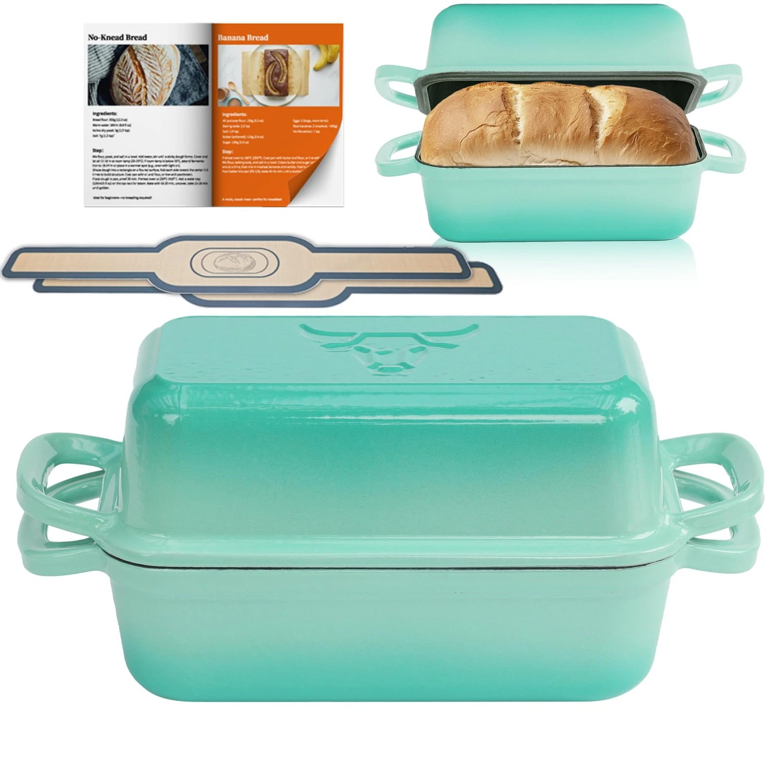 2 in 1 Cast Iron Loaf Pan with 2 Silicone Bread Mats, Enamel Cast Iron Bread ...