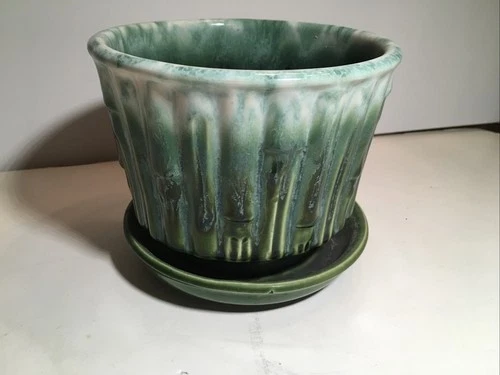 Vintage McCoy 0373 Planter Flower Pot Pottery Green Bamboo w/ Saucer Mid Century