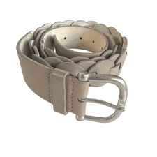 Vintage Wide Genuine Leather Disc Link Belt Taupe Silver Buckle Boho Belt