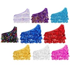 Kids Girls One Shoulder Vest Metallic Crop Top Sleeveless Shiny Sequins Tops
