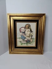 Vintage Framed Etching of Raggedy Andy & Little Girl Signed by Sandra Kuck