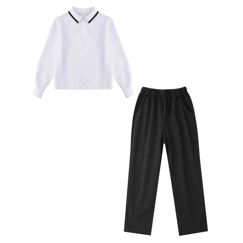 Kids Boys Girl School Solid Color Turn-Down Collar Pullover Shirt with Pant Set - Picture 7 of 32