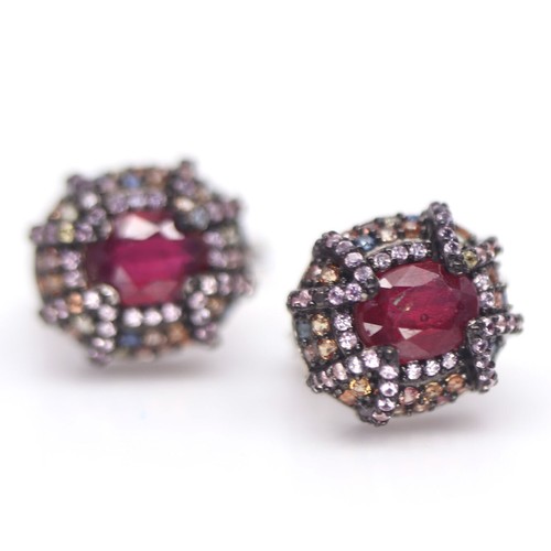 Heated 6 x 8 MM. Pink Ruby & Fancy Color Sapphire Earrings 925 Sterling Silver - Picture 2 of 4
