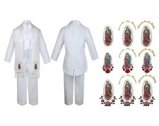 Baby Boy Christening Baptism Communion White Tail Suit Gold Maria on Stole Sm-20