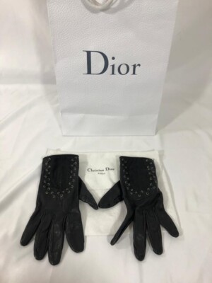Authentic Christian Dior Womens Gloves Logo Black Leather Cotton