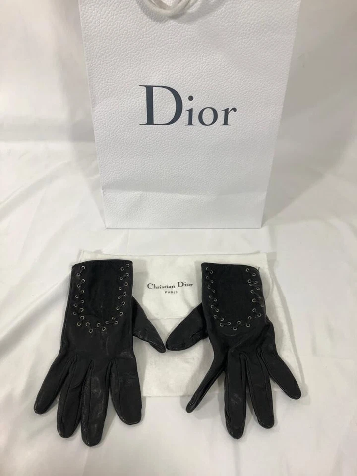 Auténticos guantes Christian Dior para mujer logotipo cuero negro algodón encaje metal  Foto 2 de 4