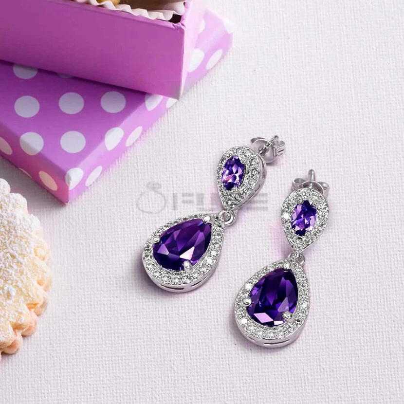 Gorgeous Amethyst Stone Water Drop 925 Sterling Silver Purple Dangle Earrings UK - Image 4 of 4