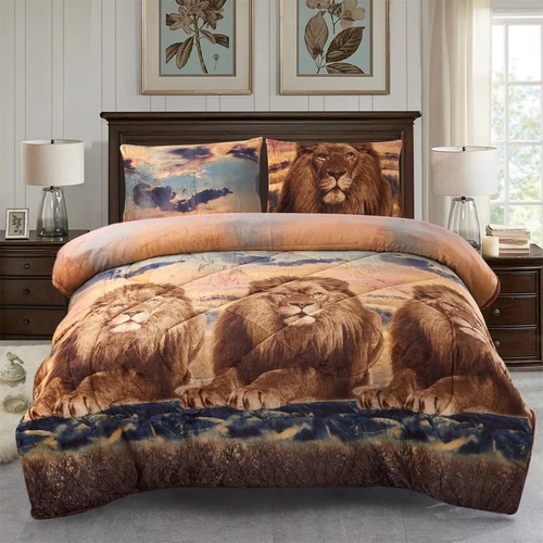3Pcs Animal Print Blanket Set Warm Comfortable Wild Lion Comforter 78x83" Queen