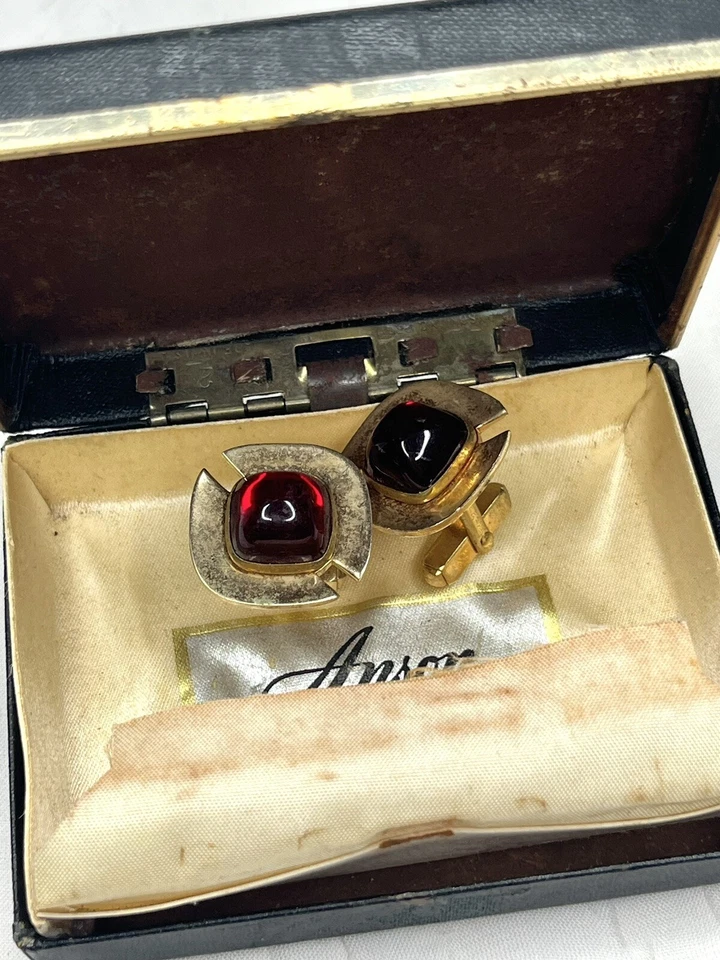 Vintage ANSON Men's Cufflinks Red Color Stones Gold Antique In Box - Image 3 of 4