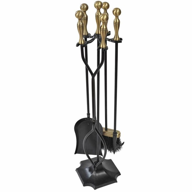 5 Pieces Fireplace Tools Sets Brass Handles Wrought Iron Fire