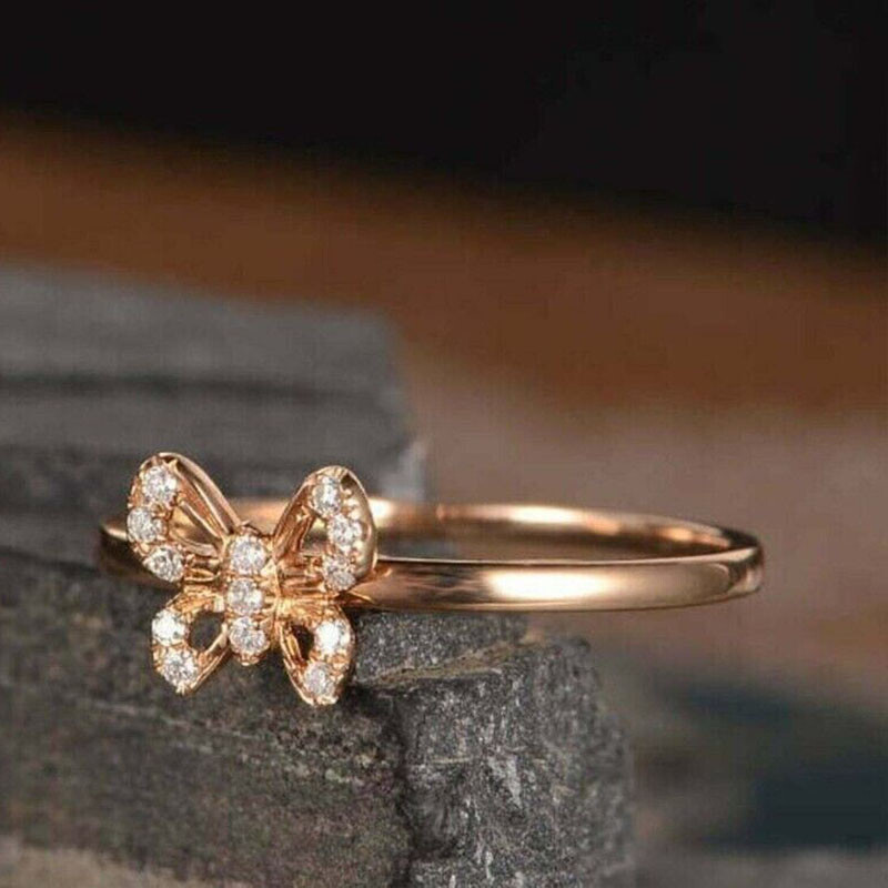 Beautiful Round Cut Diamond Butterfly Wedding Engagement Ring Rose