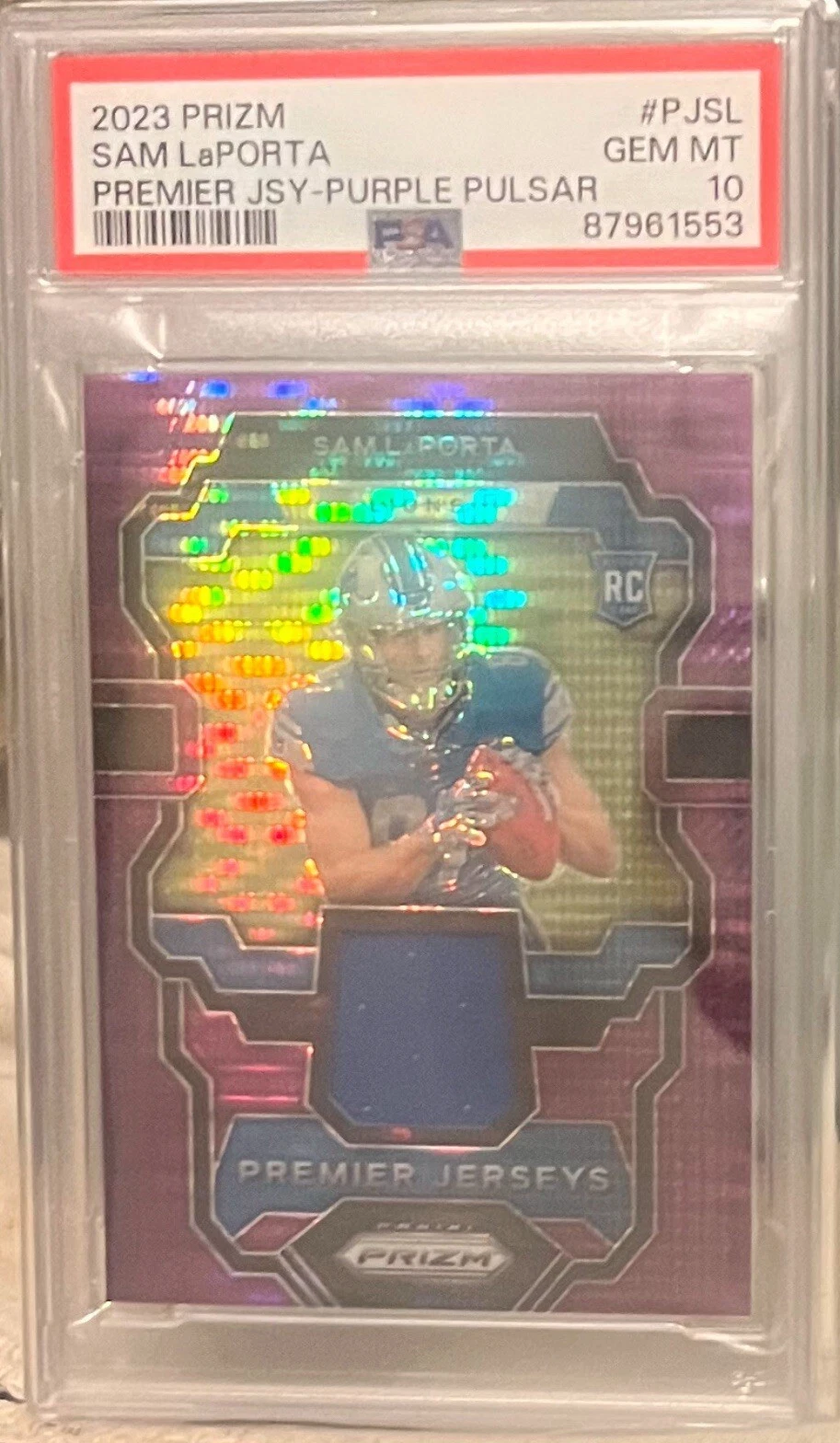 Sam LaPorta Panini Prizm Premier Jerseys #PJSL Purple Pulsar